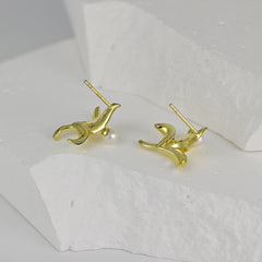 Iris Flower with Freshwater Pearl Silver Studs Earrings for Women