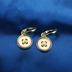 Button with Colourful Zircon Silver Drop Earrings for Women