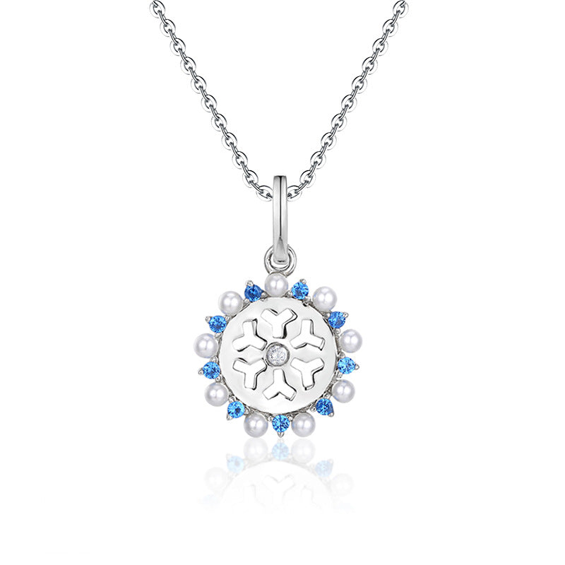 (Pendant Only) Snowflake with Blue Zircon and Pearl Silver Pendant for Women