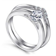 Pear Drop Zircon Solitaire V-shape Silver Ring Set