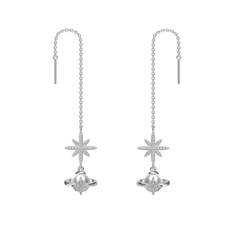 Pearl Planet with Zircon Octagonal Star Ear Line Silver Drop Earrings for Women