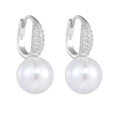 Round Pearl Zircon Sterling Silver Hoop Earrings