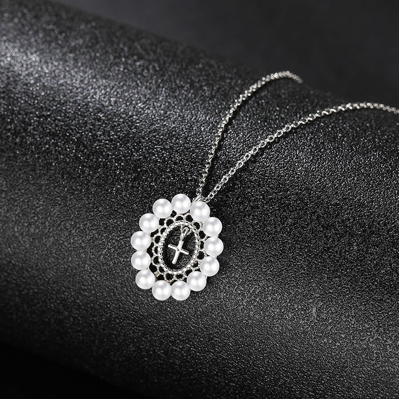 Pearl Circle with Cross Pendant Silver Necklace for Women