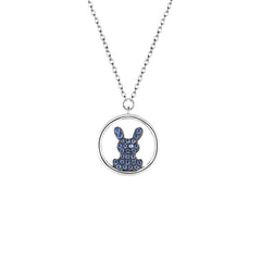 Blue Zircon Bunny Circle Pendant Silver Necklace for Women