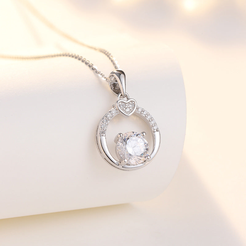 Round Zircon Hollow Circle with Small Heart Pendant Silver Necklace for Women