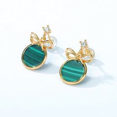 Round Shape Malachite Bowknot Zircon Sterling Silver Drop Earrings