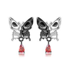 Halloween Double Sided Skull Face Butterfly Pear Shape Red Zircon Silver Stud Earrings