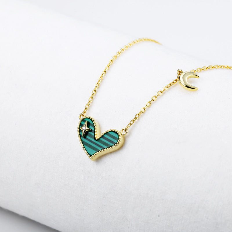 Heart-shape Malachite with Zircon Star and Moon Silver Necklace for Women