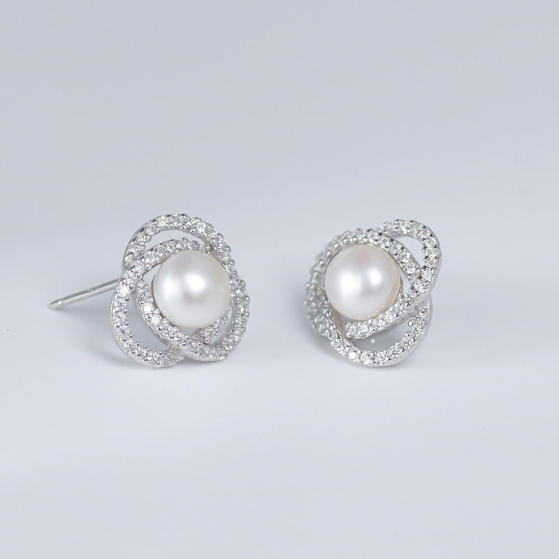 Zircon Circling with Freshwater Pearl Silver Stud Earrings for Women