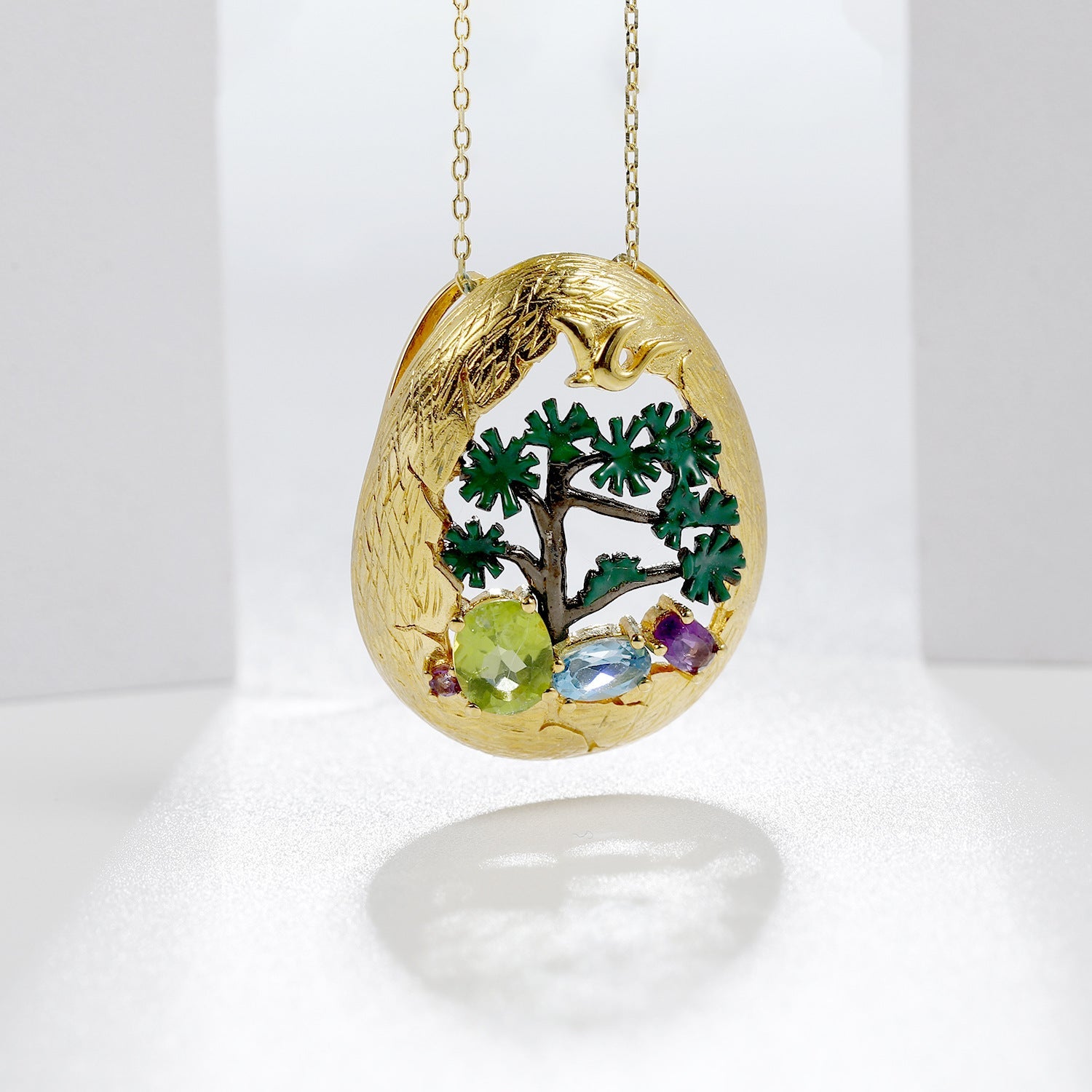 High-level Personality Natural Design Colorful Gemstone Egg Shape with Tree Pendant Silver Necklace for Women