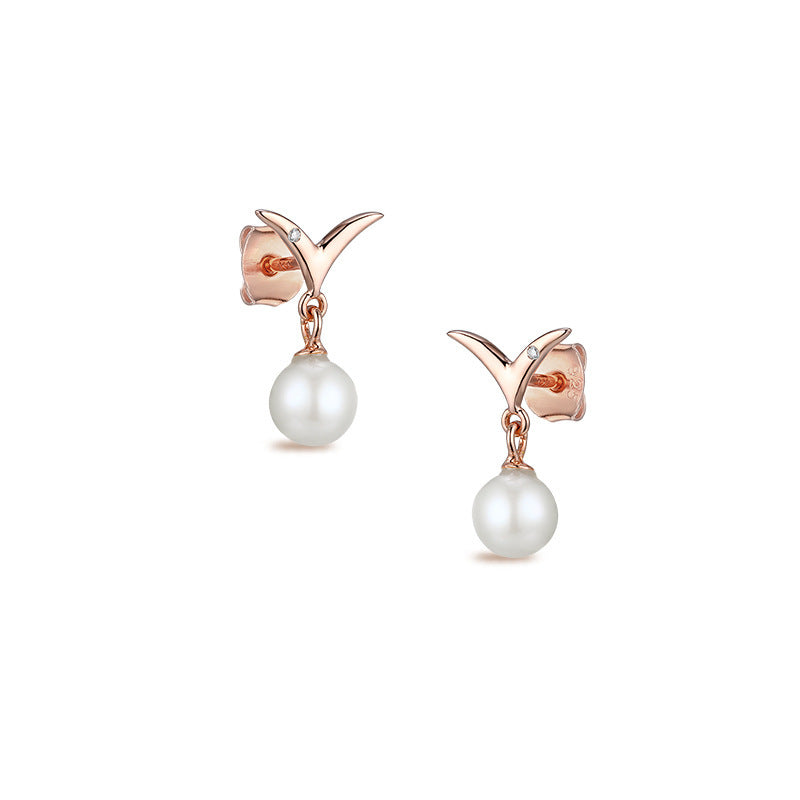 Letter V with Pearl Silver Drop Earrings for Women