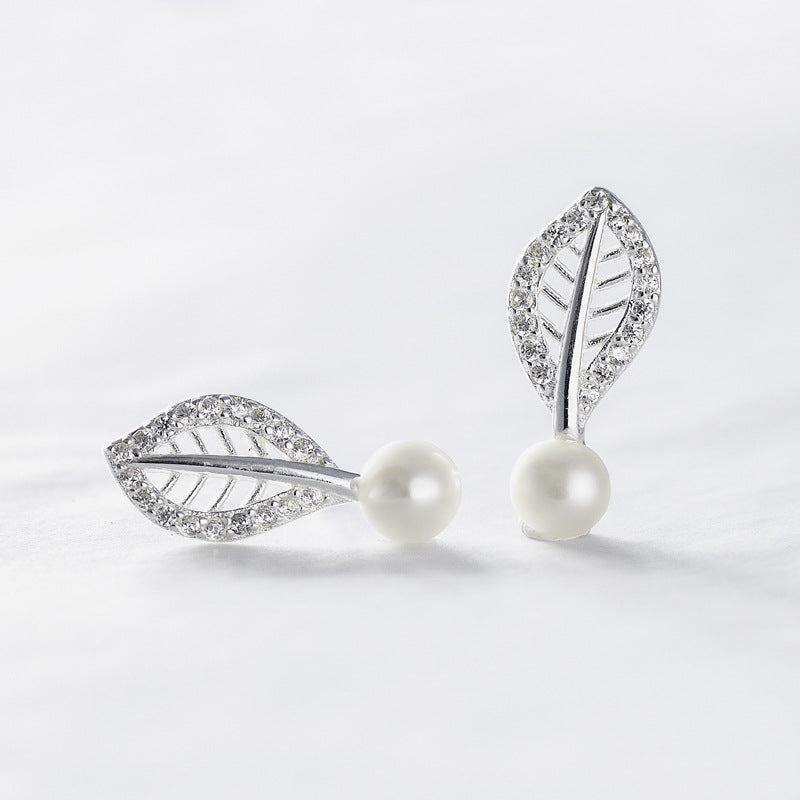 Hollow Zircon Leaf with Freshwater Pearl Silver Stud Earrings for Women