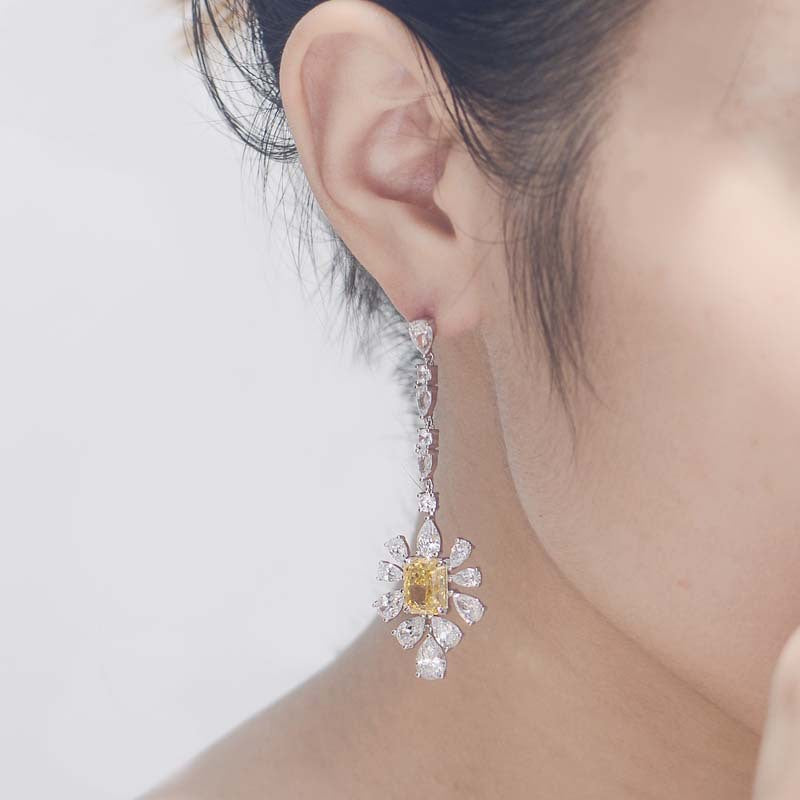 Yellow Zircon 7*9mm Rectangle Ice Cut with Chain Annular Petals Silver Drop Earrings for Women