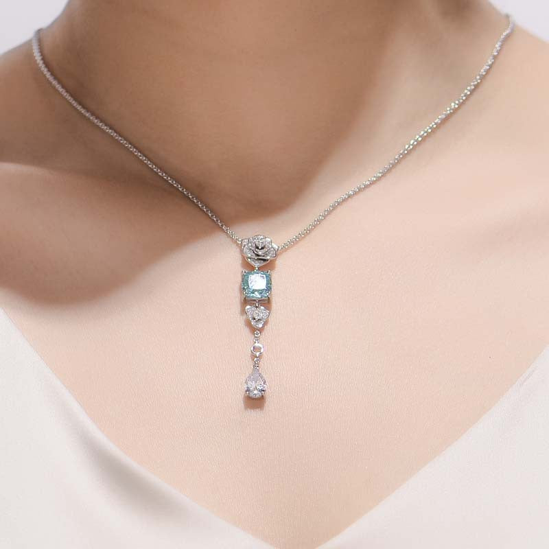 Square Blue Zircon Camellia Tassel Necklace