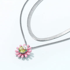 Sweet Pink Daisy Flower Zircon Pearl Double Layers Sterling Silver Necklace