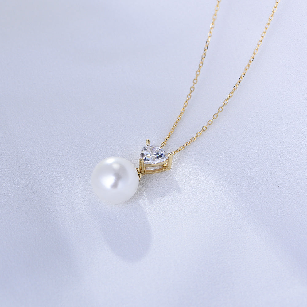 Triangle Zircon with Pearl Pendant Silver Necklace for Women