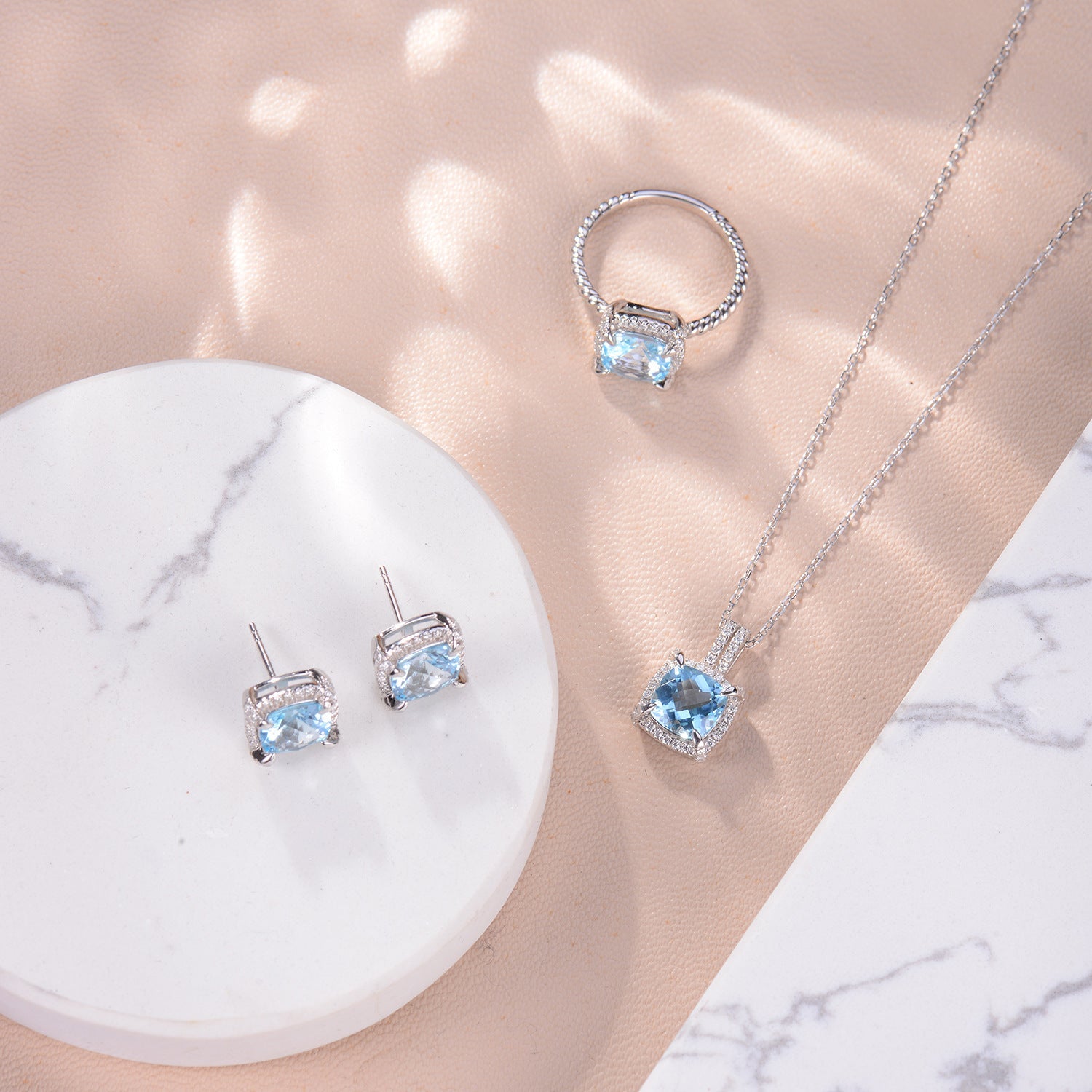 Soleste Halo Square Natural Blue Topaz Silver Necklace