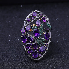 Bird In Jungle Natural Amethyst Oval Silver Ring