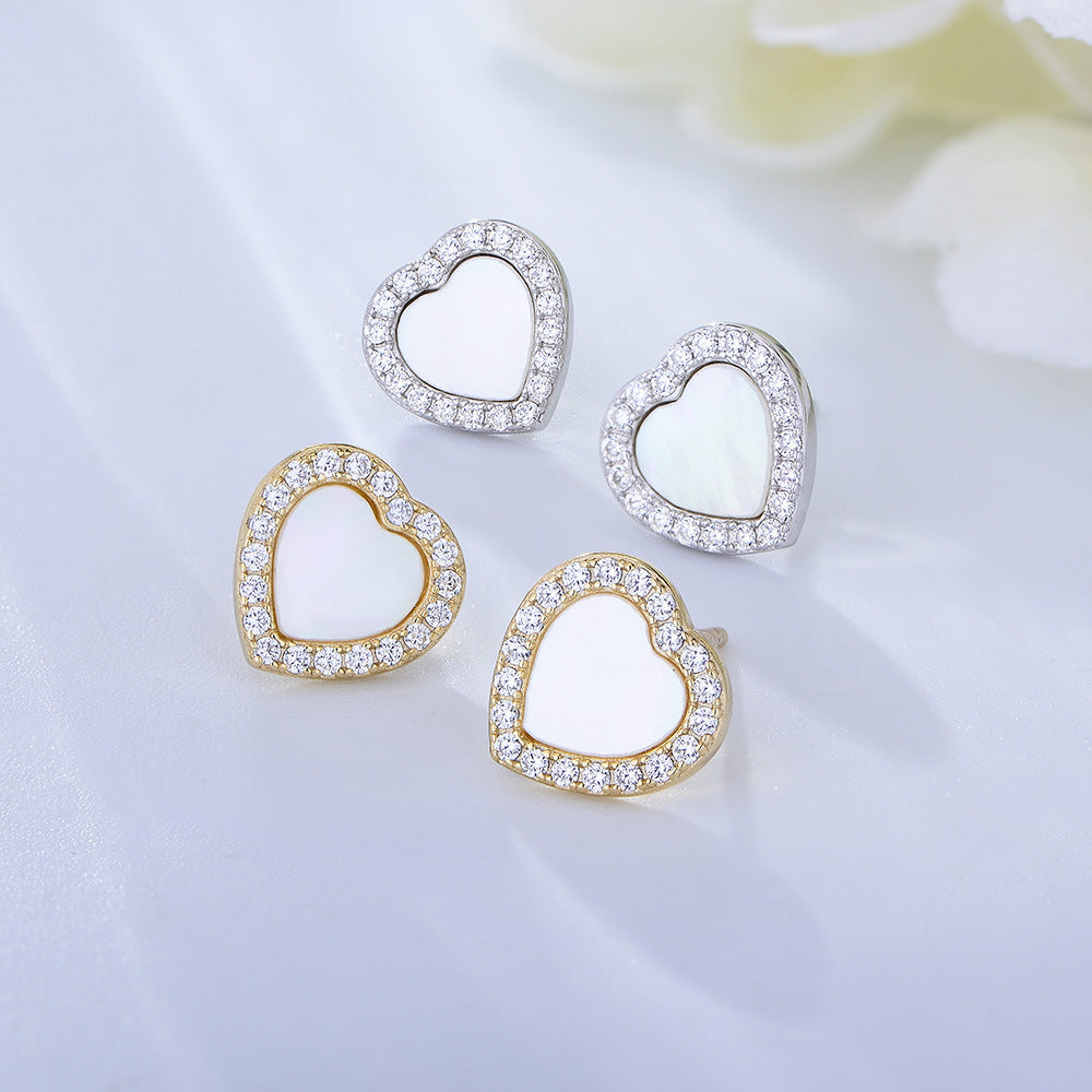 Heart-shaped Mother of Pearl with Zircon Silver Studs Earrings for Women