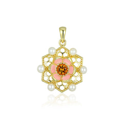 (Pendant Only) Lotus Pattern Series Yellow Zircon Enamel with Pearl Hollow Silver Pendant for Women