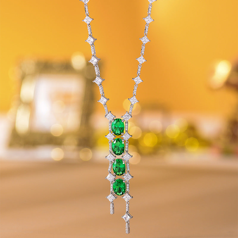 Oval Lab Created Emerald Beading Tassle Silver Necklace