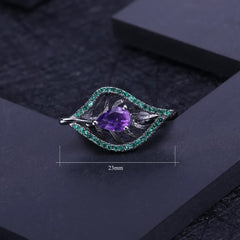 Hollow Leaf Pear Shape Natural Amethyst Silver Ring