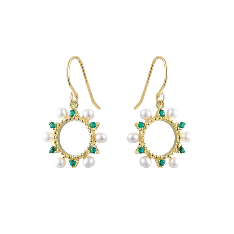 Hollow Circle with Green Zircon and Pearl Silver Drop Earrings for Women