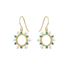 Hollow Circle with Green Zircon and Pearl Silver Drop Earrings for Women