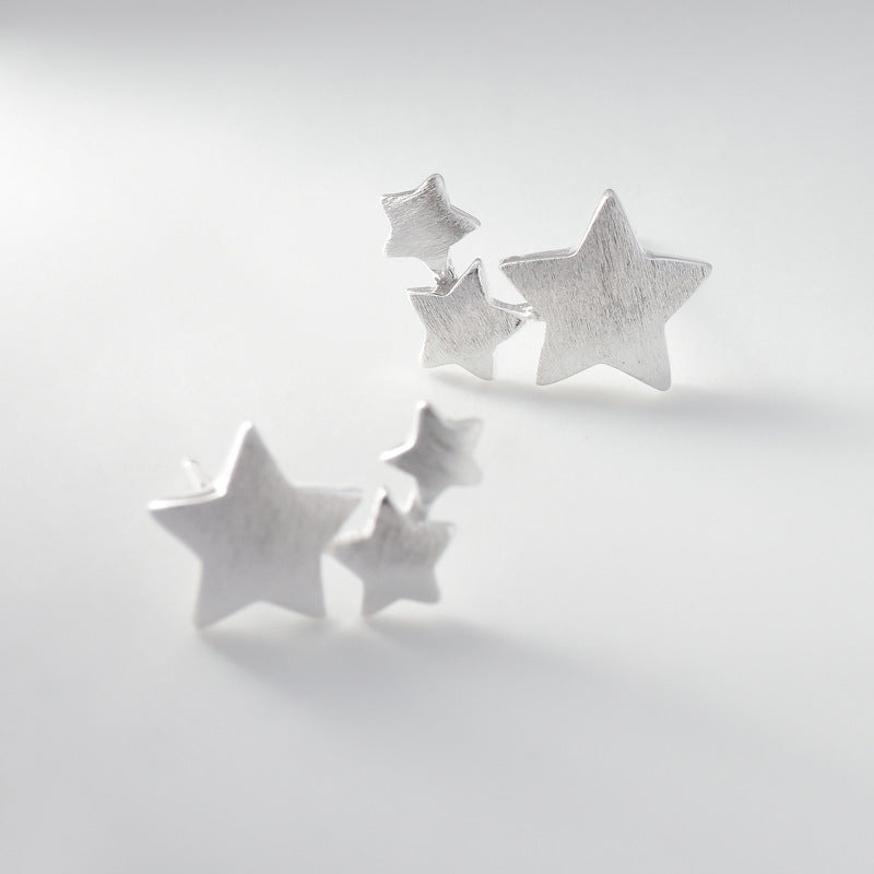 Brushed Three Stars Silver Stud Earrings for Women