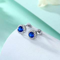 Blue Zircon Soleste Halo Silver Studs Earrings for Women