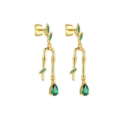 Green Zircon Bamboo Leaf Silver Drop Earrings for Women