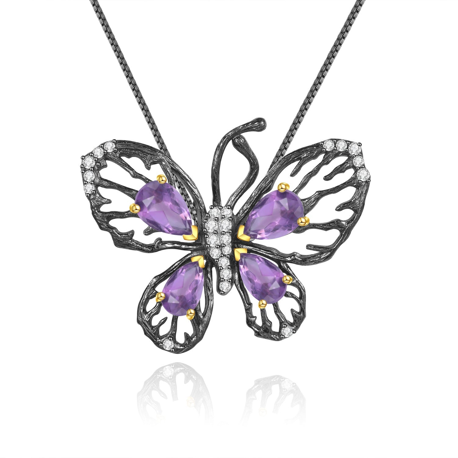 Hollow Butterfly Natural Gemstones Silver Necklace