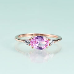 6*8mm Oval Barbie Pink Corundum and Zircon Silver Ring