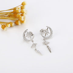 Zircon Moon Star Tassel Silver Drop Earrings for Women