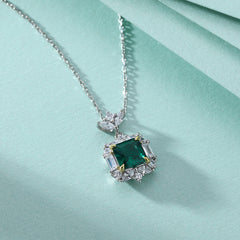 Green Square Zircon Pendant Silver Necklace for Women