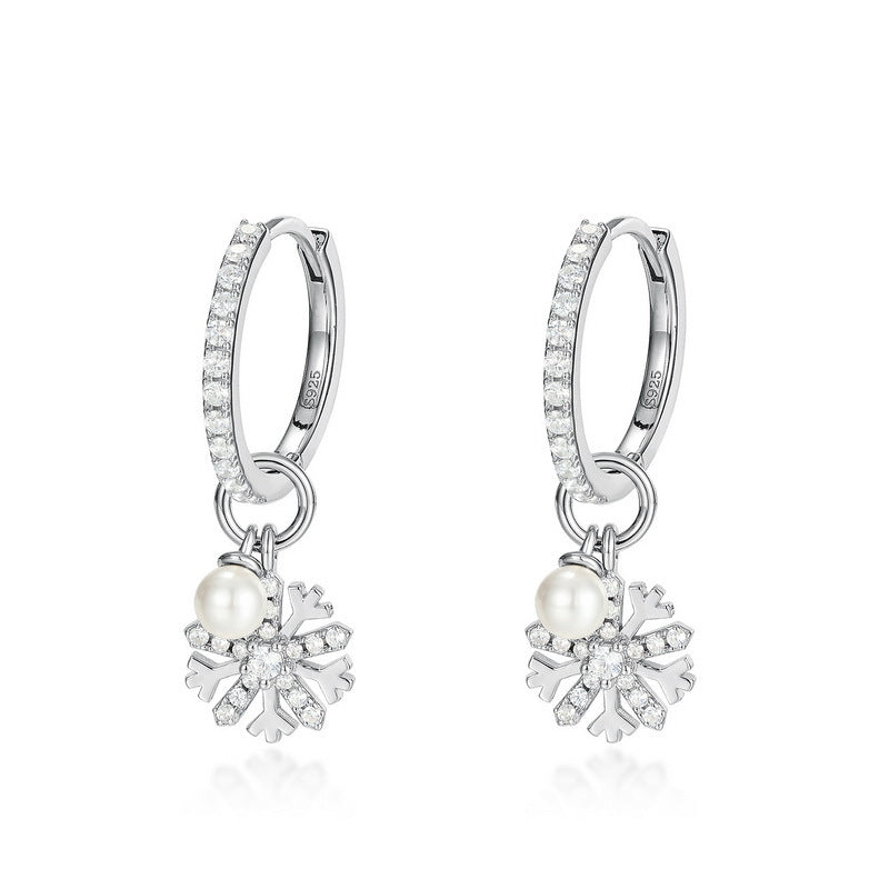 Round Pearl and Snowflake Pendnat Zircon Sterling Silver Hoop Earrings