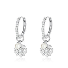 Round Pearl and Snowflake Pendnat Zircon Sterling Silver Hoop Earrings