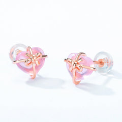 Heart Shape Pink Crystal Bowknot Silver Stud Earrings