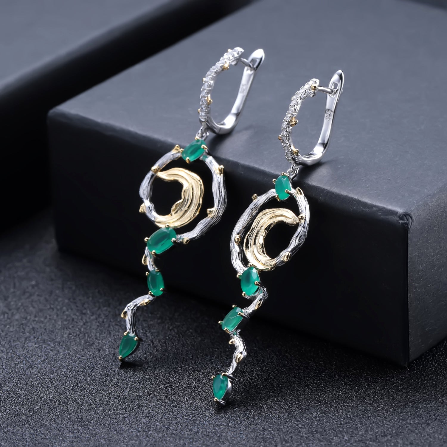 Natural Green Agate Creative Shape Sterling Silver Drop Earrings for Women