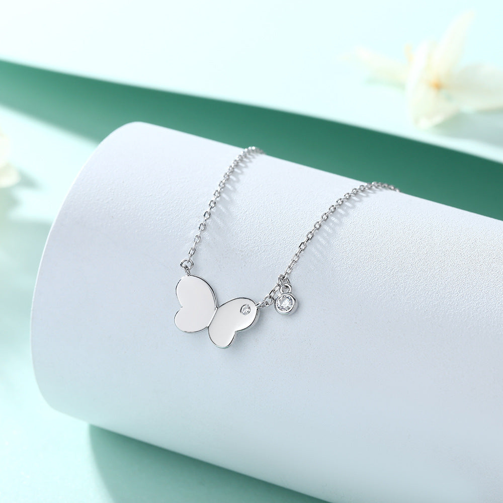 Smooth Butterfly with Zircon Pendant Silver Necklace for Women