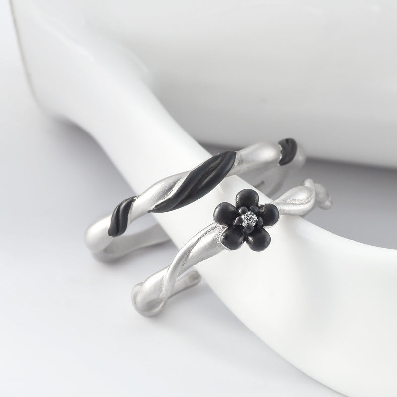 Black Plum Blossom and Leaf Design Sandblasted Wave Shape Silver Couple Ring for Women