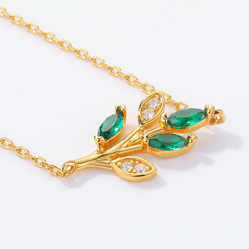 Green Zircon Olive Branch Leaf Sterling Silver Necklace