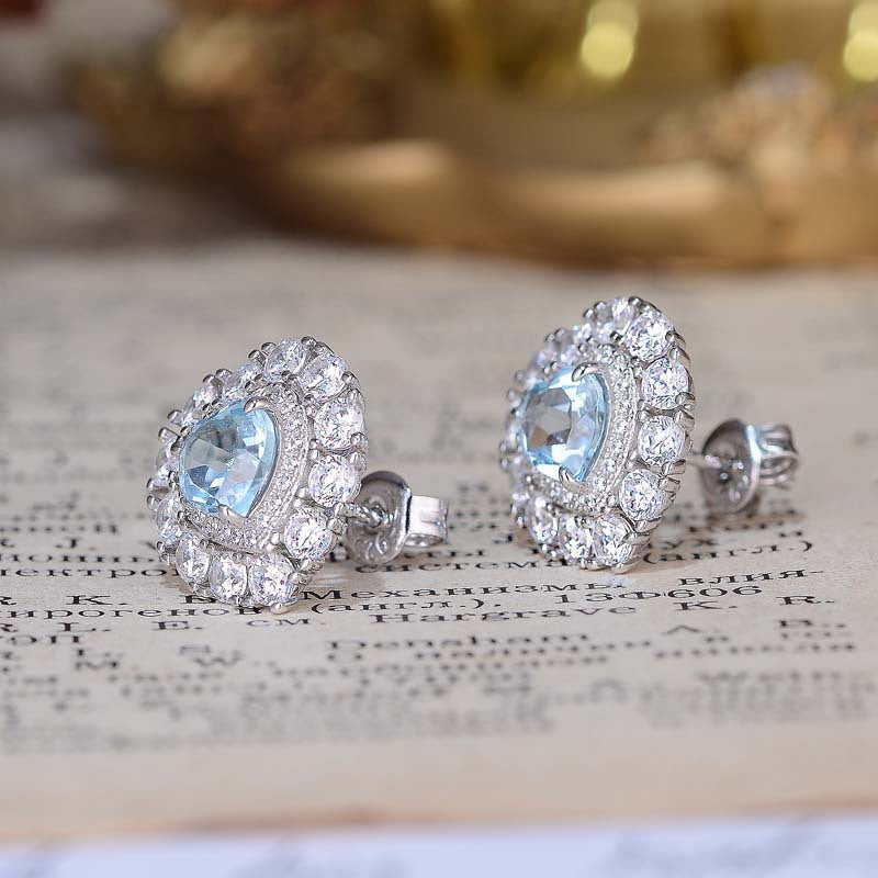 Halo Heart Shape Natural Blue Topaz Studs