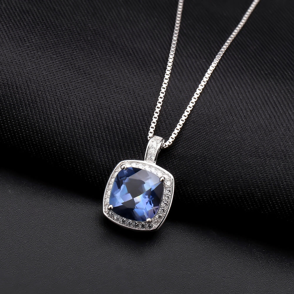 Fashionable and Luxurious High Sense Design Inlaid Colourful Gemstone Soleste Halo Square Pendant Sterling Silver Necklace for Women