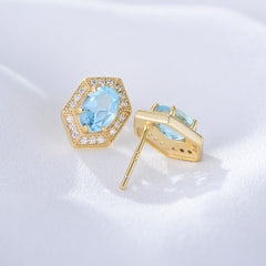 Retro Natural Blue Topaz Soleste Halo Silver Studs Earrings for Women