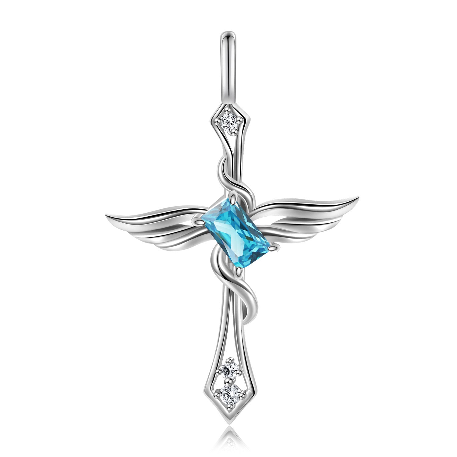 Colourful Radiant Cut Zircon Angle Wings Cross Pendant Silver Necklace