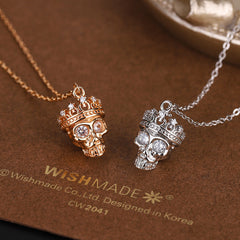 Retro Crown Skull with Zircon Pendant Silver Necklace for Women