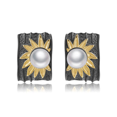 Natural Freshwater Pearl Rectangle with Sunflower Silver Studs for Women