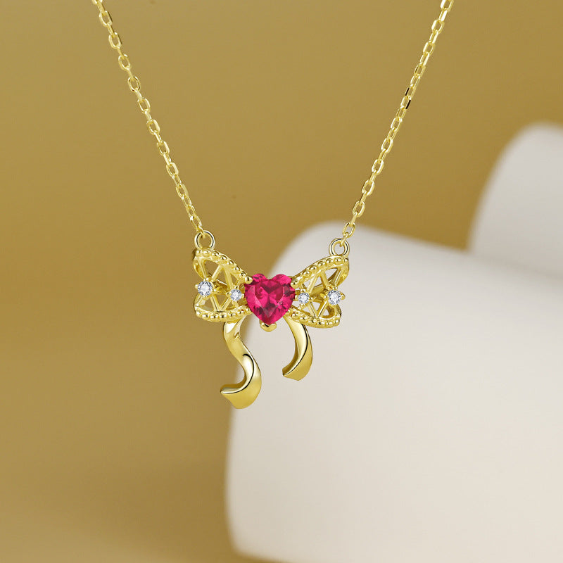 Heart Red Corundum with Zircon Hollow Bow Silver Necklace for Women