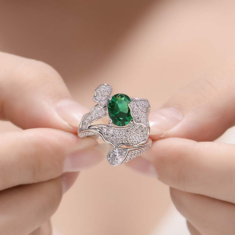 Oval Cut Lab Created Emerald Waves Silver Ring